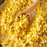 Close-up of Skillet Corn Casserole, as seen on the The Pioneer Woman, Season 19.