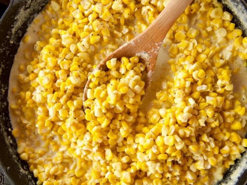 Close-up of Skillet Corn Casserole, as seen on the The Pioneer Woman, Season 19.