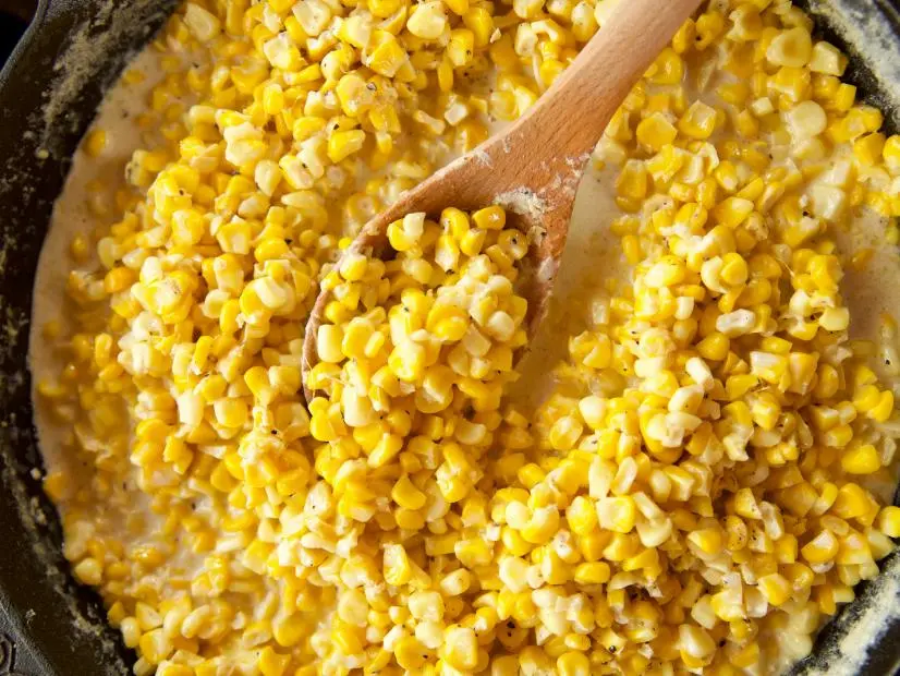 Close-up of Skillet Corn Casserole, as seen on the The Pioneer Woman, Season 19.