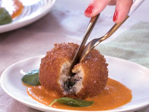Chicken and Spinach Potato Balls with Creamy Red Pepper Coulis