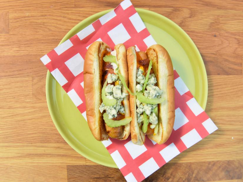 Katie Lee makes a Barkin' Buffalo Chicken Hot Dog, as seen on Food Network's The Kitchen