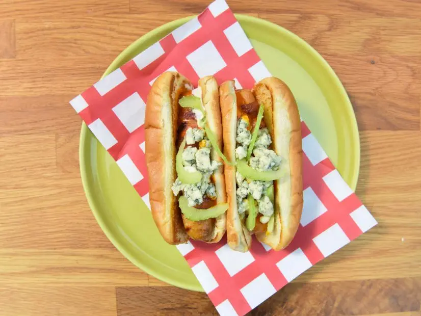 Katie Lee makes a Barkin' Buffalo Chicken Hot Dog, as seen on Food Network's The Kitchen