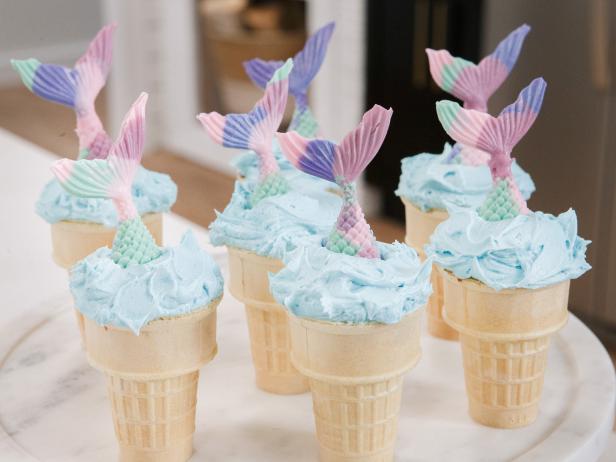 Mermaid Cupcake Stuffed Ice Cream Cones are displayed, as seen on Let's Eat, Season 1.