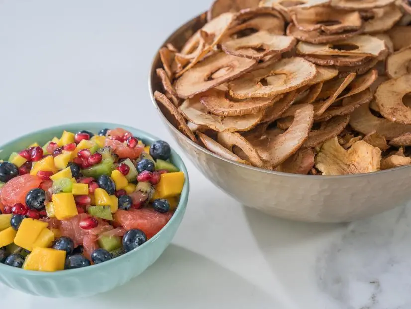 Food beauty baked apples chips with rainbow fruit salsa, as seen on Trisha's Southern Kitchen, Season 12.