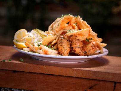 A dish of Thin-Fried Catfish as prepared on Seaside Snacks and Shacks episode 105. 