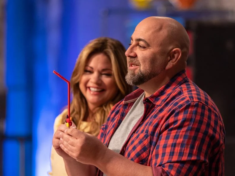 Hosts Valerie Bertinelli and Duff Goldman prepare an example of the upcoming challenge in the main bake, as seen on Kids Baking Championship Season 5.