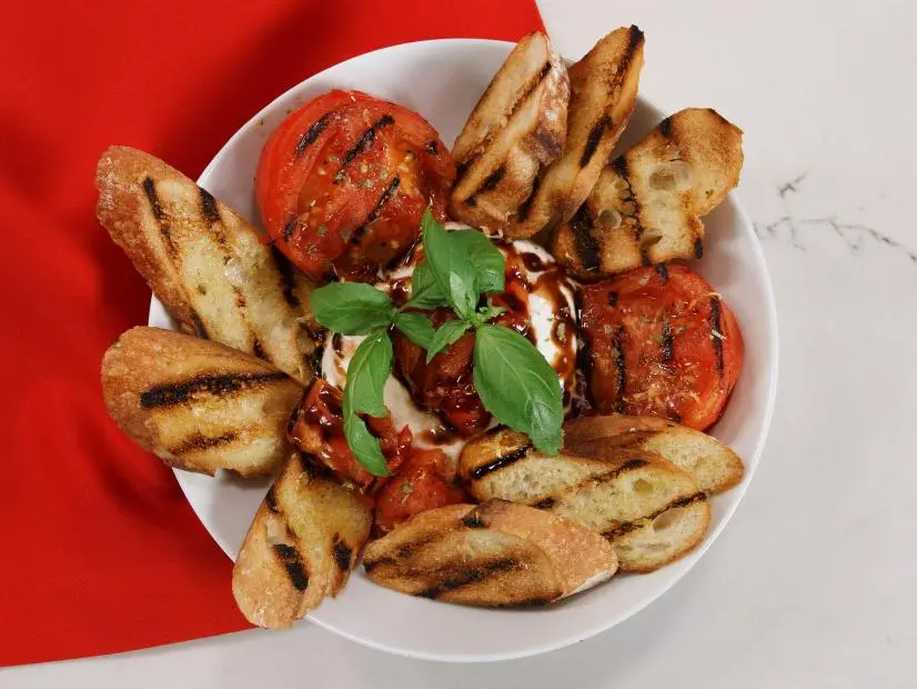 Grilled Tomatoes on the Vine with Burrata is displayed, as seen on Let's Eat, Season 1.
