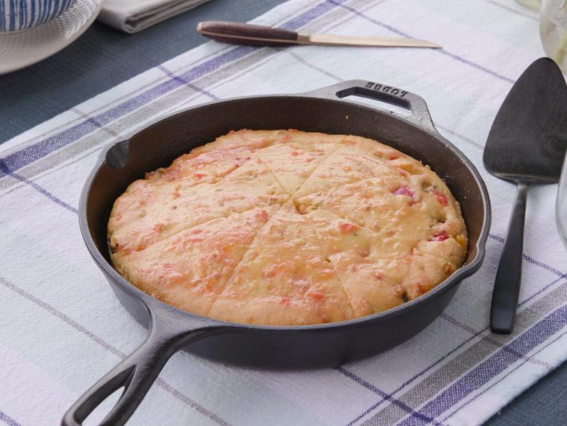 Sam & Cody's Maque Choux Cornbread baked in a skillet on Cajun Aces