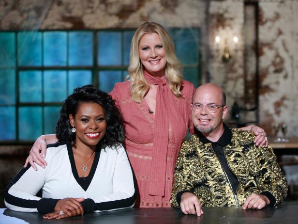 Portrait of host Sandra Lee with judges Jamika Pessoa and Jason Smith, as seen on Food Network's Haunted Gingerbread Showdown.
