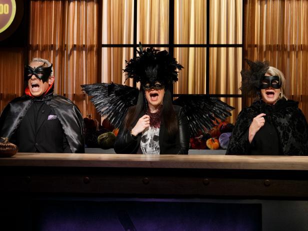 Judges Geoffrey Zakarian, Alex Guarnaschelli and Martha Stewart scream while appearing in their Halloween costumes, as seen on Chopped, Season 40.
