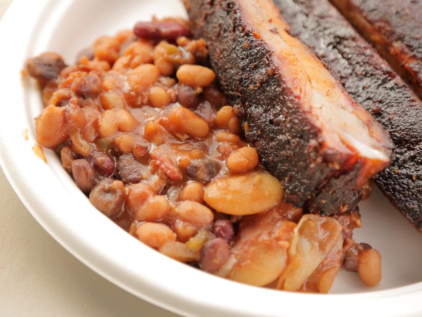 The Spare Ribs and Baked Beans as Served at Nordic Smoke BBQ Food Truck in Spangle, Washington, as seen on Diners, Drive-Ins and Dives, Season 29.