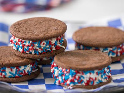 Food beauty of chocolate red white and blue ice cream sandwiches, as seen on Trisha's Southern Kitchen, Season 12.