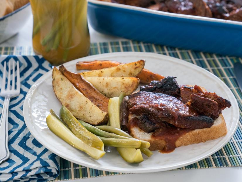 Food beauty of bbq ends, quick pickles and tater wedges, as seen on Food Network’s Trisha’s Southern Kitchen Season 13