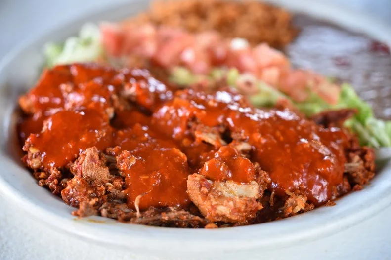 Carne Adovada smothered in red chile from Mary & Tito's in Albuquerque.