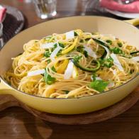 Food Beauty of Giadas Spaghetti with Zucchini and Squash Sauce as seen on season 4 of Food Networks Giada Entertains