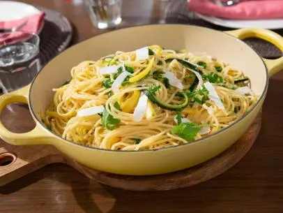 Food Beauty of Giadas Spaghetti with Zucchini and Squash Sauce as seen on season 4 of Food Networks Giada Entertains