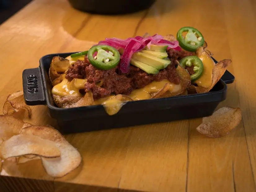 Chef Eric Greenspan's Chorizo Chili Potato Chip Nachos, as seen on Guy's Ranch Kitchen, Season 2.