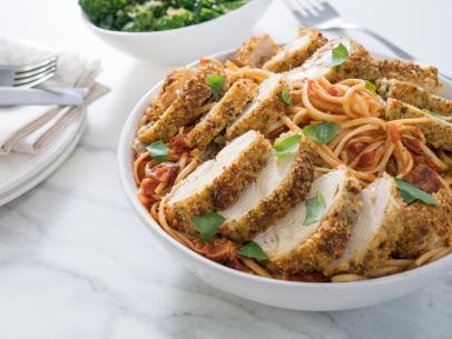 Food beauty of chicken parmesan and linguini, as seen on Food Network’s Trisha’s Southern Kitchen Season 13