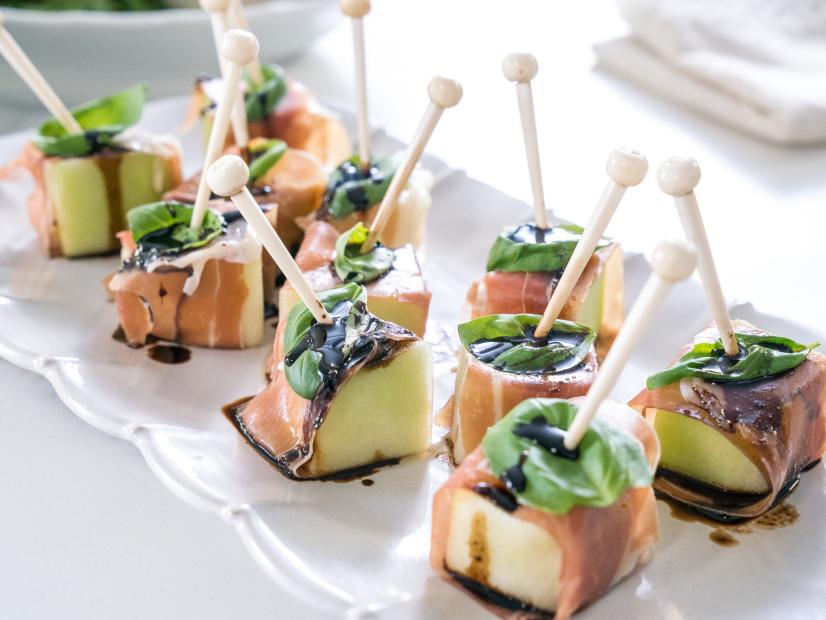 Food beauty of prosciutto and cantaloupe bites, as seen on Food Network’s Trisha’s Southern Kitchen Season 13