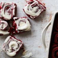 Food Network Kitchen’s Red Velvet Cake Mix Cinnamon Rolls.