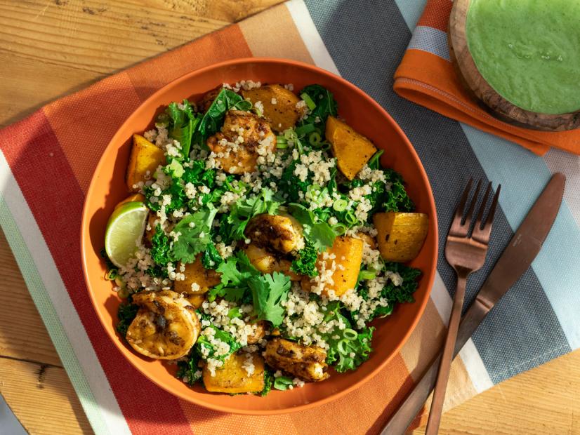 Tex Mex Shrimp And Squash Grain Bowl With Avocado Dressing Recipe