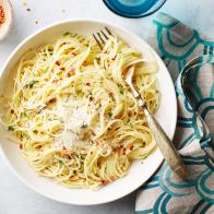 Giada De Laurentiis's Fiery Angel Hair Pasta for Reshoots, as seen on Food Network.