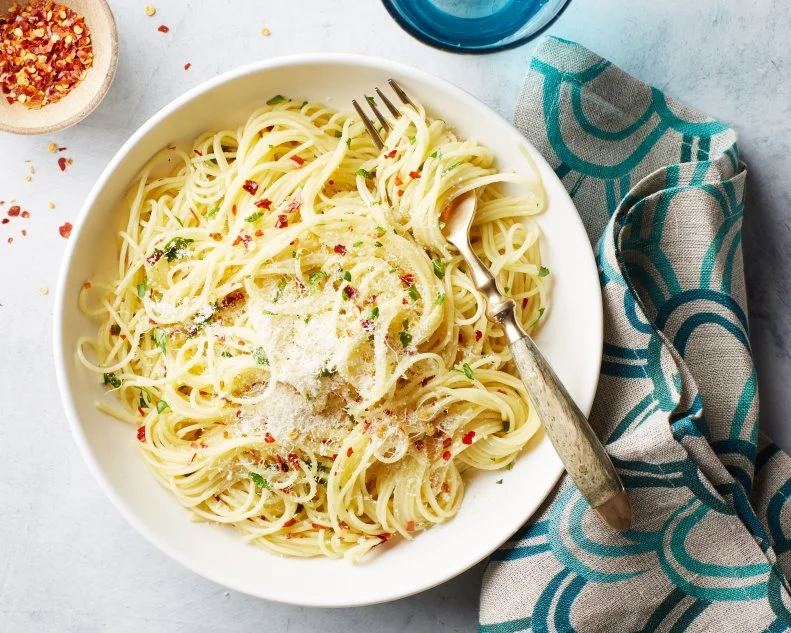Giada De Laurentiis's Fiery Angel Hair Pasta for Reshoots, as seen on Food Network.