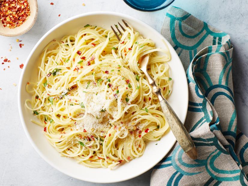 Giada De Laurentiis's Fiery Angel Hair Pasta for Reshoots, as seen on Food Network.