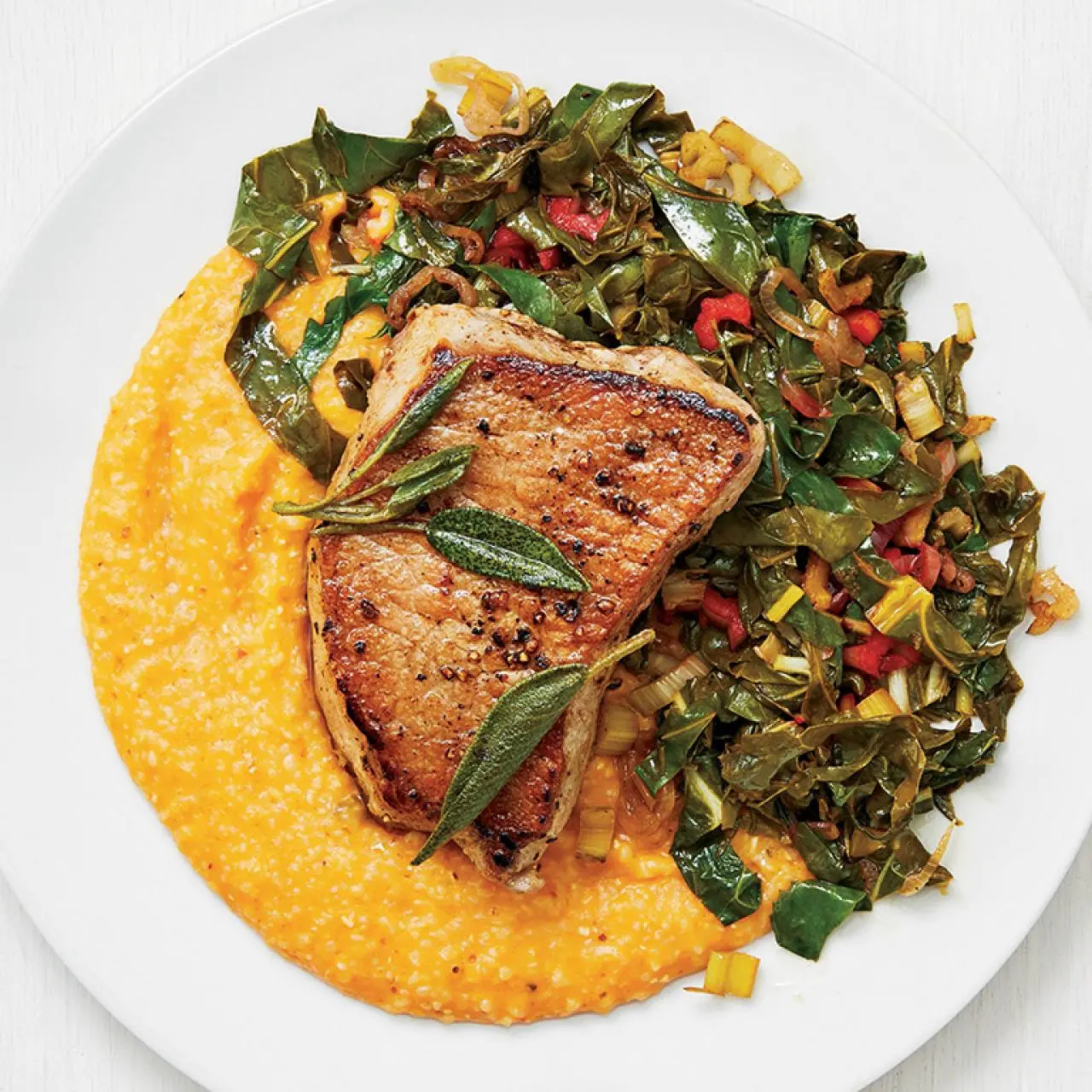 ポークチョップ PORKCHOP チノパン グリーン キャリー ラディアル Pork Chops with Pumpkin Grits and Swiss Chard Recipe | Food