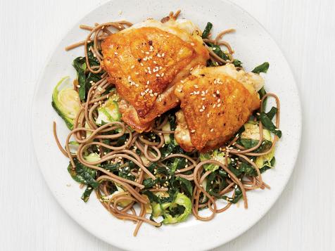 Roasted Chicken Thighs with Sesame Soba, Brussels Sprouts and Kale