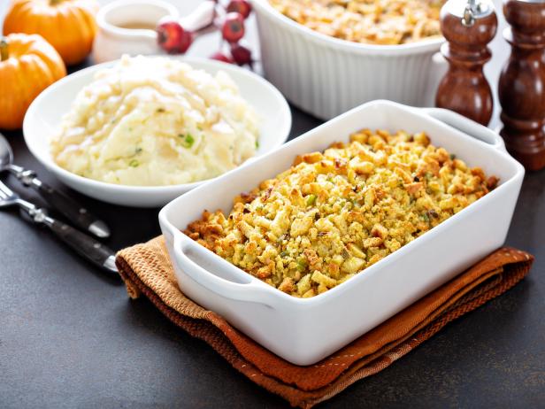 Traditional stuffing side dish for Thanksgiving in a baking pan