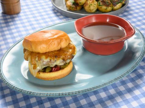 French Dip Cheeseburgers on Brioche Rolls with Crispy, Buttery Crushed Potatoes
