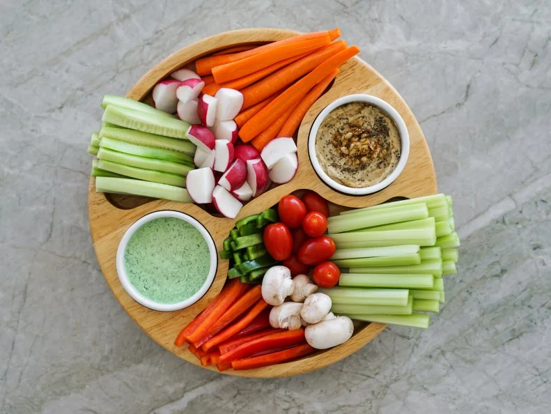 Vegetable Crudites and Dips/ vegetable platter with hummus and dill yogurt dip, healthy eating.