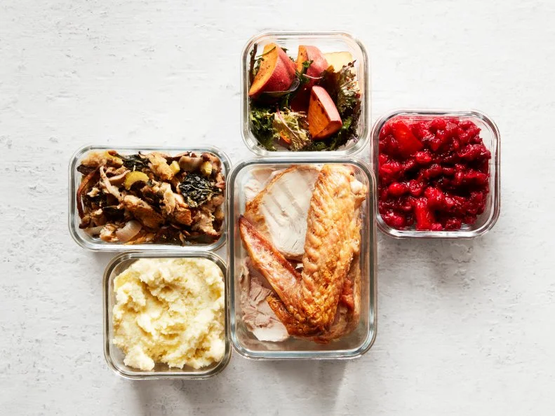 cranberry sauce, stuffing, mashed potatoes, turkey, greens and yams