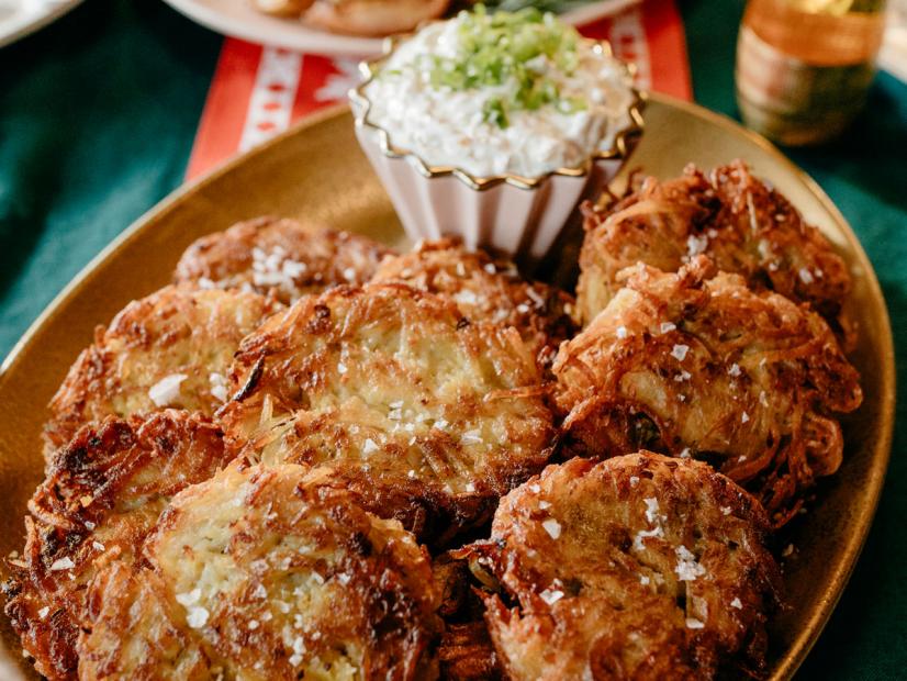 Potato Latkes with Caramelized Onion Sour Cream Recipe Molly Yeh
