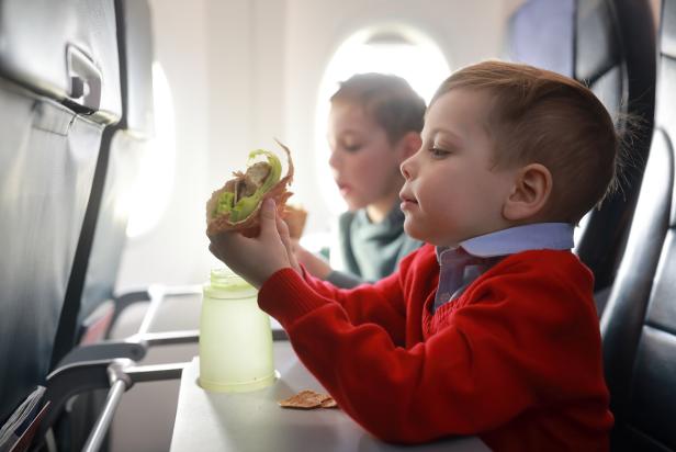 Portrait of children eat on the plane