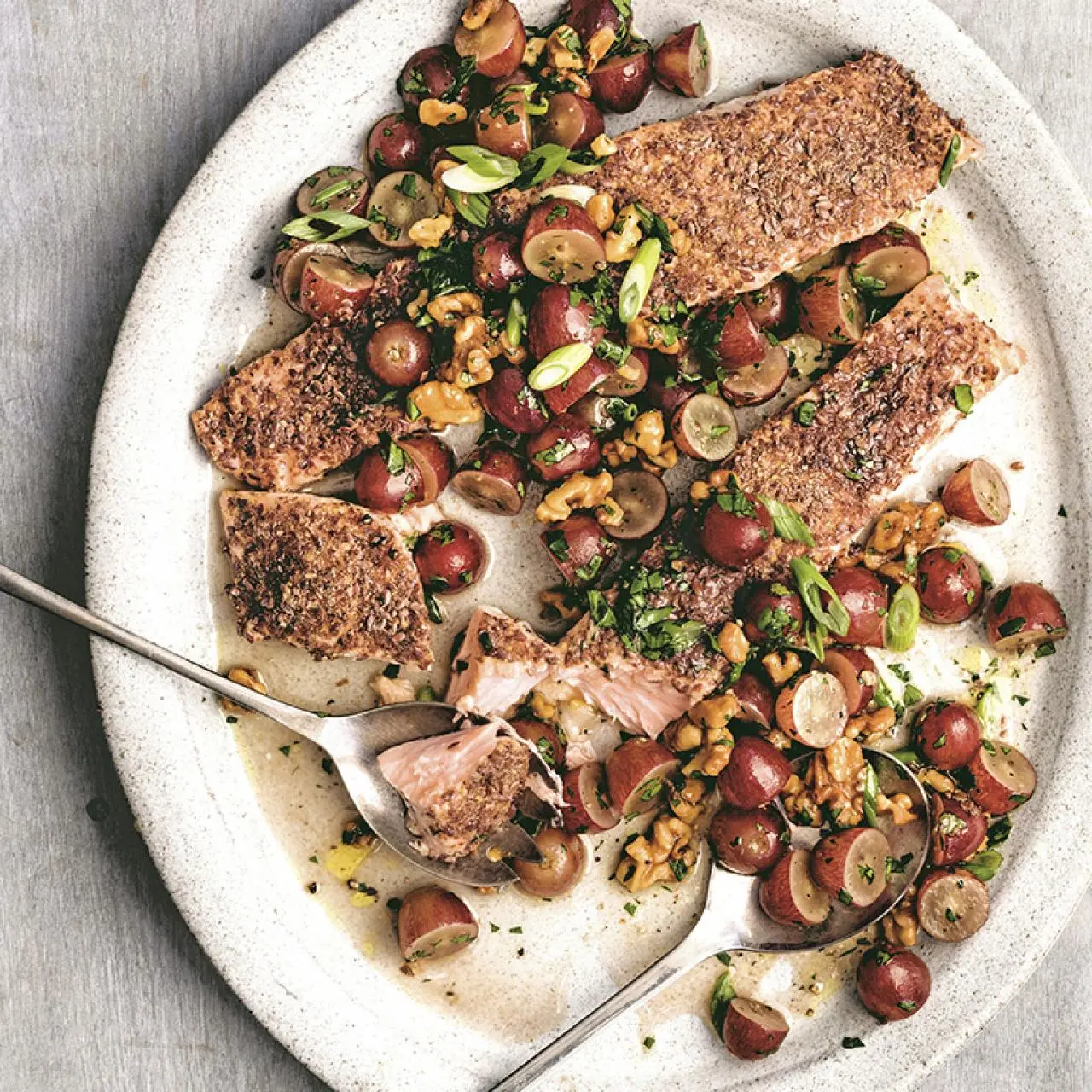 Flaxseed-Crusted Salmon with a Grape and Walnut Salsa Recipe