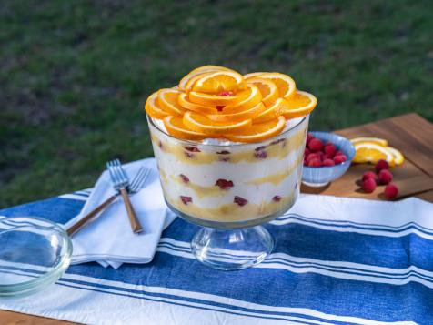 Fresh Orange Trifle with Ladyfingers, Raspberries and Boozy Cream