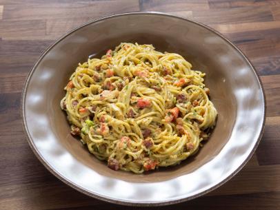 Host Rachel Ray and her husband John Cusimano's Carbonara with Crab, as seen on 30 Minute Meals, Season 28.