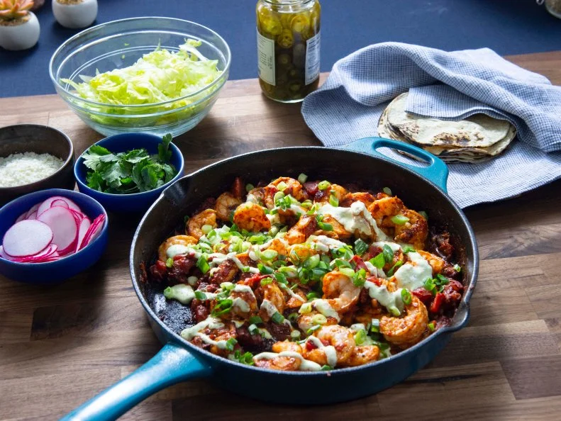 Host Rachel Ray's Mezcal Shrimp Tacos with Guac Crema, as seen on 30 Minute Meals, Season 28.