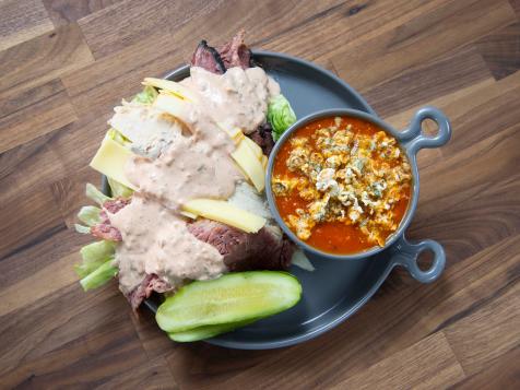 Tomato Soup with Cheddar Dill Popcorn and Reuben Salad