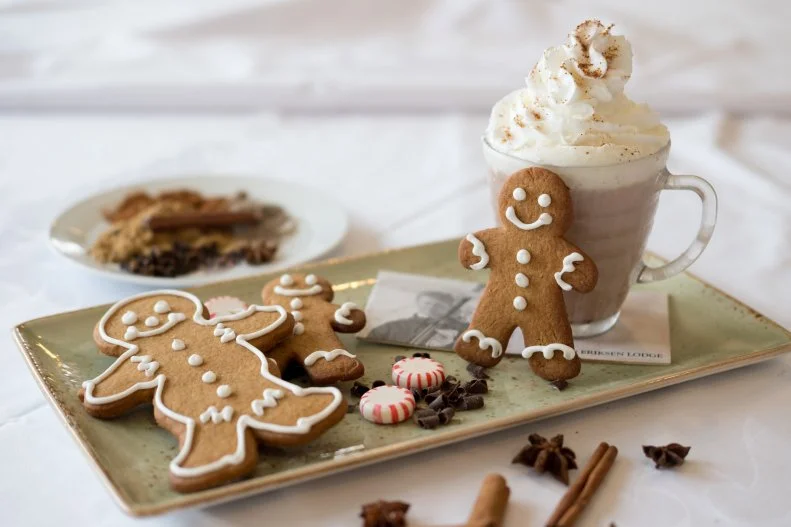 Who says gingerbread is reserved for cookies? Although a gingerbread man is paired with this spice-forward hot chocolate, it's really the gingerbread hot chocolate that takes center stage. White chocolate is combined with whole milk and half-and-half along with ginger, nutmeg, molasses, vanilla, star anise, cloves and allspice for a drinkable version of a favorite holiday treat.
