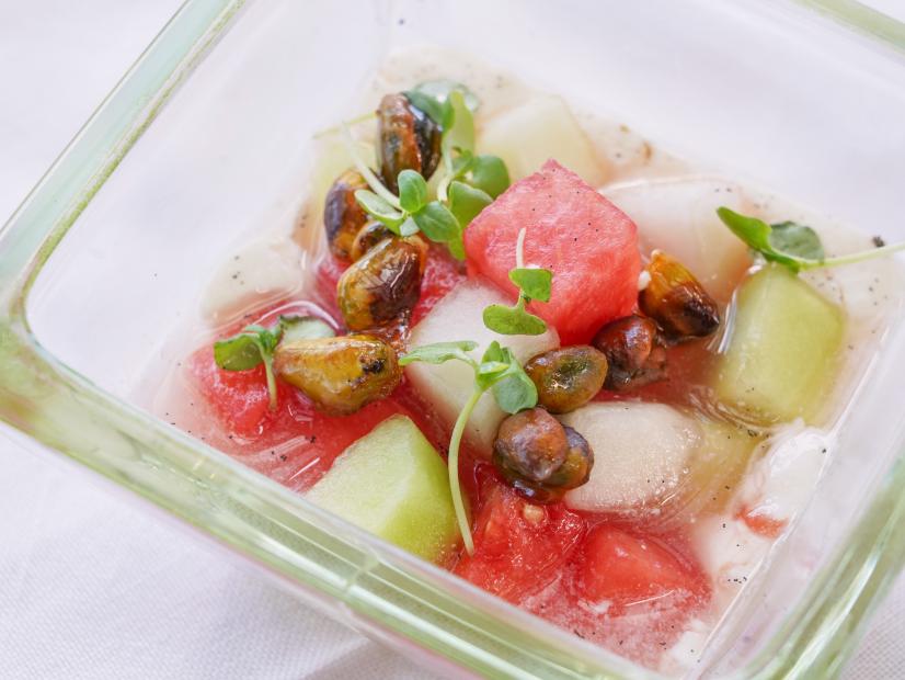 Michael Mina - Marinated Melons with Rosewater Cream and Candied Pistachios, as seen on Guy's Ranch Kitchen, Season 2.
