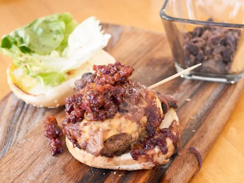Alex Guarnaschelli - Spicy Pork Burgers with black beans and chutney. , as seen on Guy's Ranch Kitchen, Season 2.