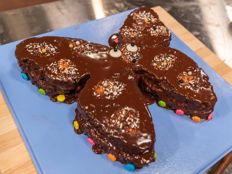 Contestant Davis Sams' completed dish from the main bake, Walnut and chocolate chip brownie with walnut cream cheese frosting, milk chocolate ganache and sprinkle diamonds, as seen on Kids Baking Championship, Season 6.