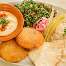 Mediterranean Lunch Platter with Potato Kibbeh as Served at Laziz Kitchen in Salt Lake City, Utah, as seen on Diners, Drive-Ins and Dives, Season 29.