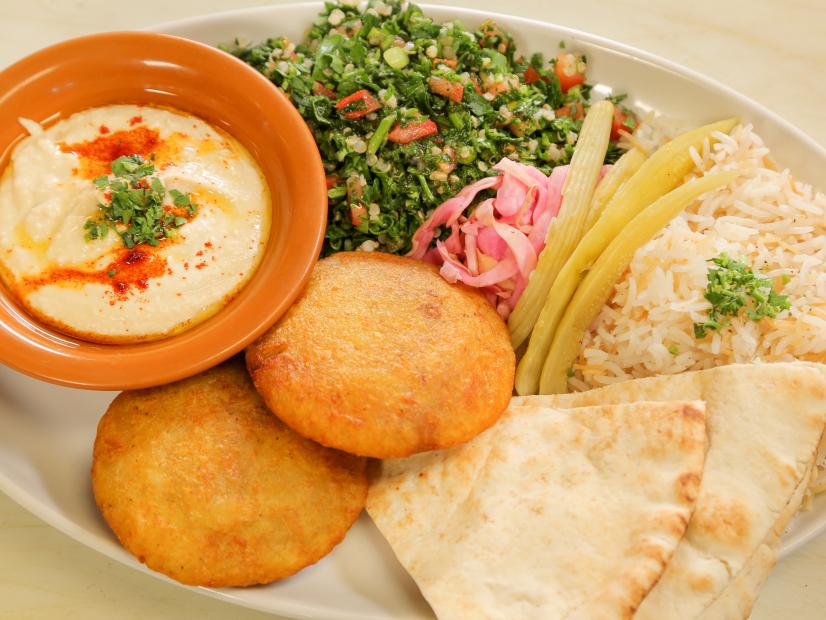 Mediterranean Lunch Platter with Potato Kibbeh as Served at Laziz Kitchen in Salt Lake City, Utah, as seen on Diners, Drive-Ins and Dives, Season 29.