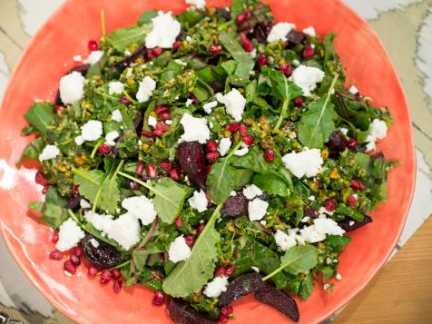 Roasted Beet and Beet Green Salad with Warm Pistachio Salsa Verde