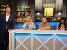 Host Clinton Kelly and judges Nancy Fuller, Duff Goldman, and Lorraine Pascale pose for a photo, as seen on Spring Baking Championshiop Season 5.