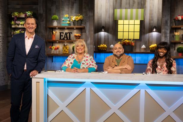 Host Clinton Kelly and judges Nancy Fuller, Duff Goldman, and Lorraine Pascale pose for a photo, as seen on Spring Baking Championshiop Season 5.